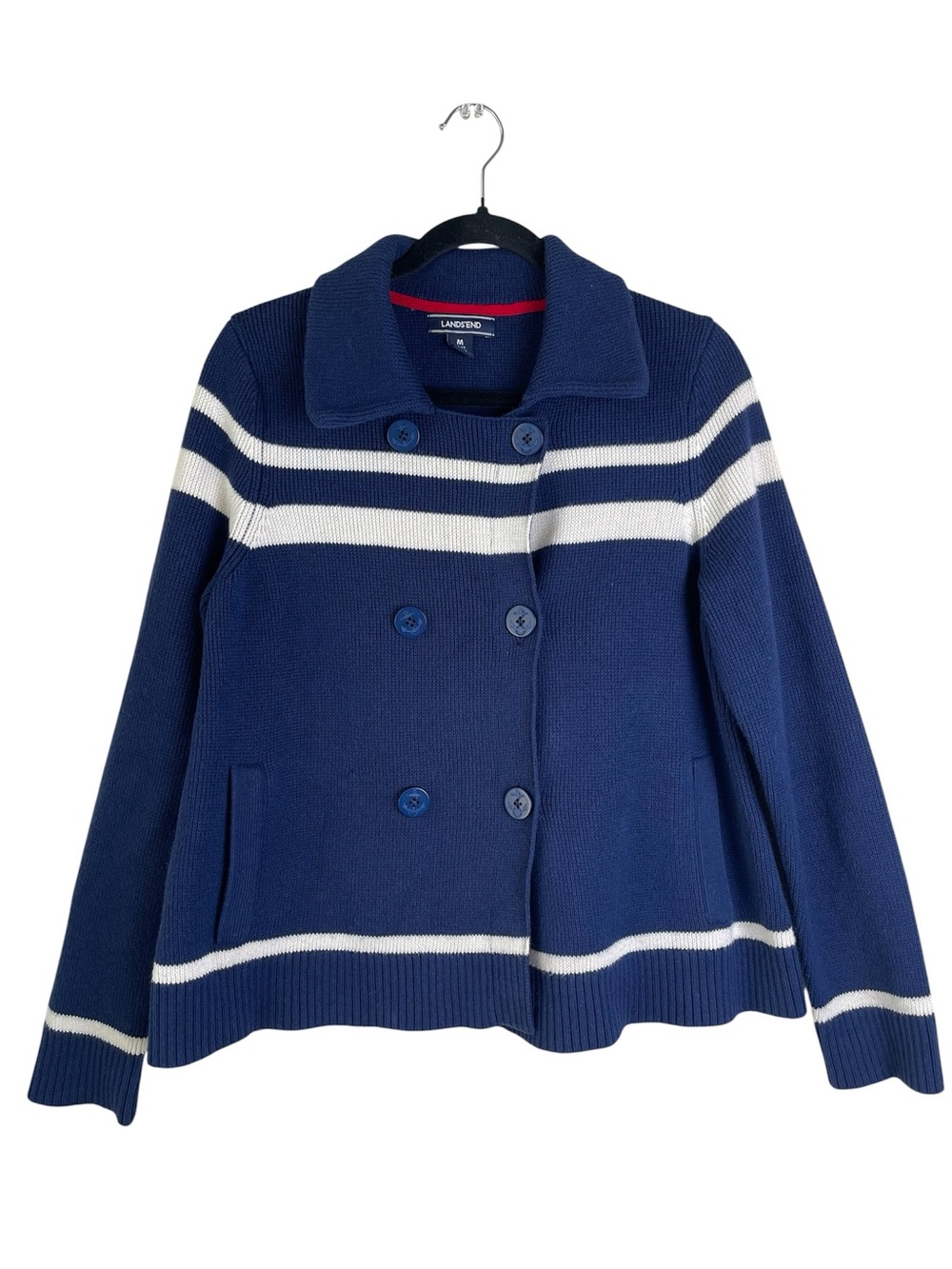 Land’s End Nautical Button Front Cardigan Sweater  Navy Blue White Stripe Sailor